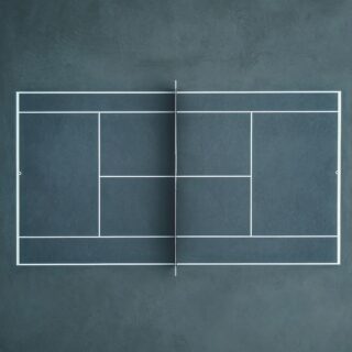 Close-up of a racquet or paddle sports court surface. The vibrant-colored tennis court features white boundary lines on a blue background, captured from a diagonal perspective